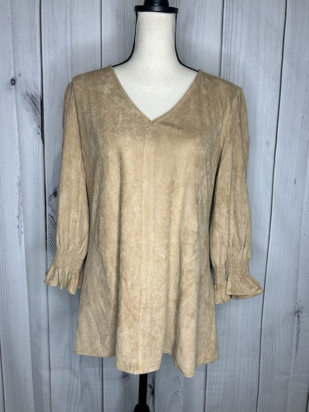 Aryeh Tunic Top Faux Suede Tan Camel V-Neck Smocked Ruffle Cuff Sz L Boho Chic